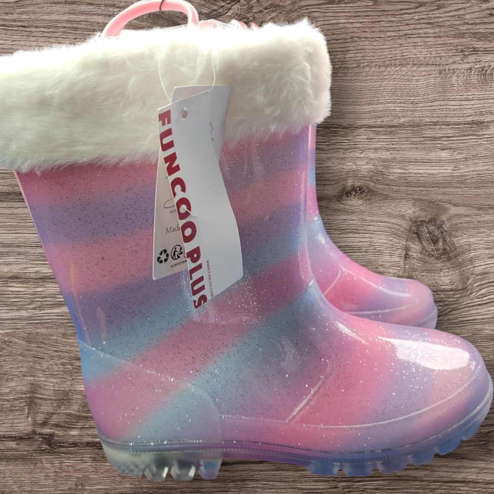 FUNCOO Pink and Purple Glitter Rain Boots with Fur Trim Girls Size 3
